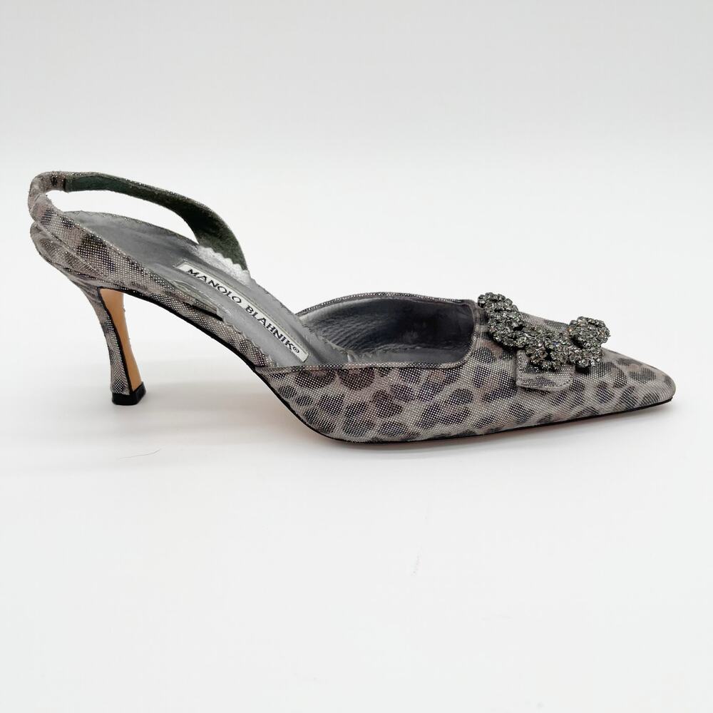 Manolo Blahnik Vintage Carolyne Silver Leopard Crystal Slingback Heels IT 36.5 - Picture 3 of 12